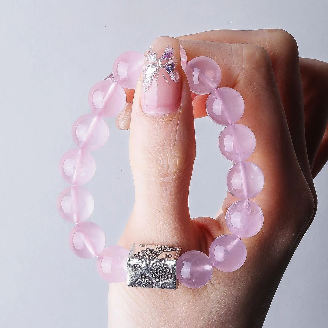 925银手链 S10527 粉水圆珠花纹方形柱手串复古百搭新中式手链