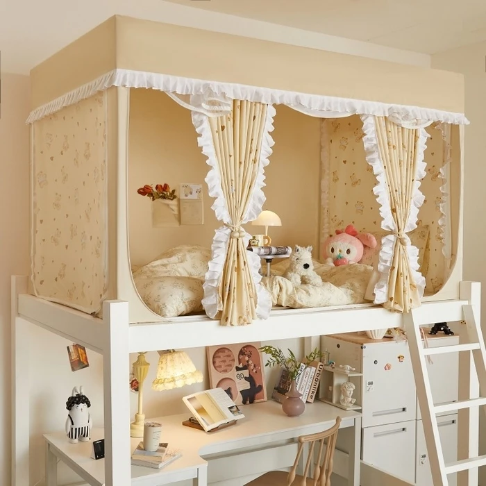 大学生住宿加厚上下铺一体式遮光床帘刺绣款防尘上铺学生蚊帐薇