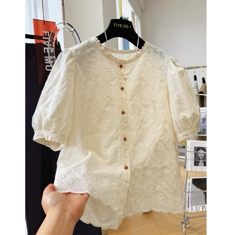 季念100%棉夏季新款韩版时尚短袖衬衫女设计感小众宽松气质上衣女