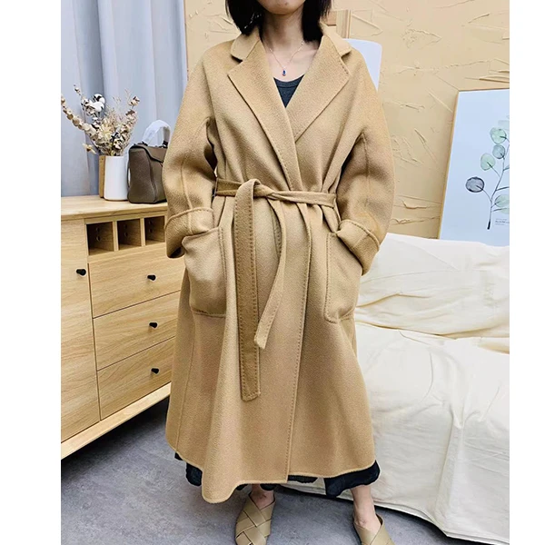 【小芸家】双面羊毛翻领无扣系带直筒羊毛大衣秋冬新品W20258