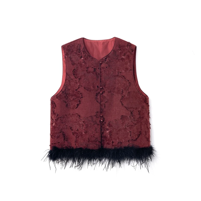 【芳韵】2025新款马甲女新中式宽松圆领提花高级感鸵鸟毛毛上衣马夹