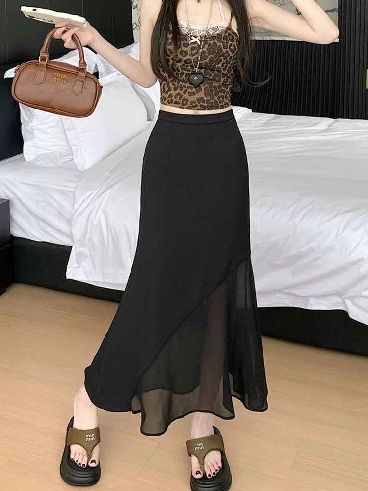 黑色不规则网纱拼接鱼尾裙半身裙女夏季2025新款高腰a字中长裙