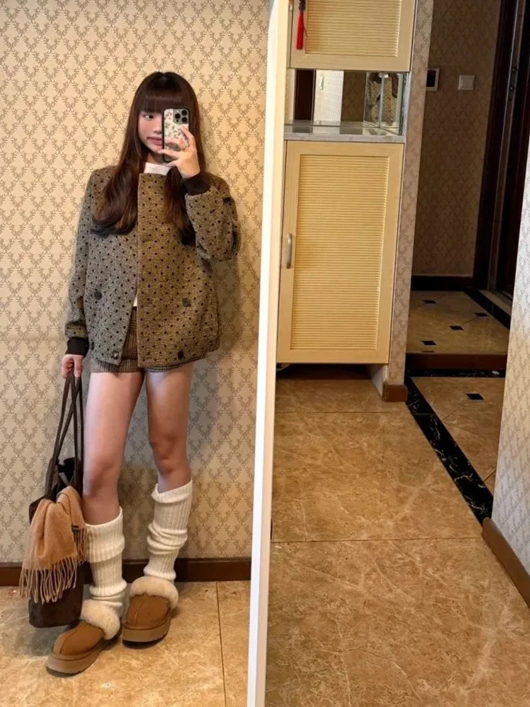 【板栗可可】日系复古套装女秋冬新款波点宽松外套格纹短裤两件套