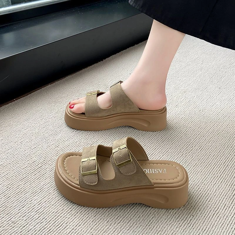罗马凉鞋女款2025新款夏季外穿厚底一字拖鞋法式复古勃肯鞋大码