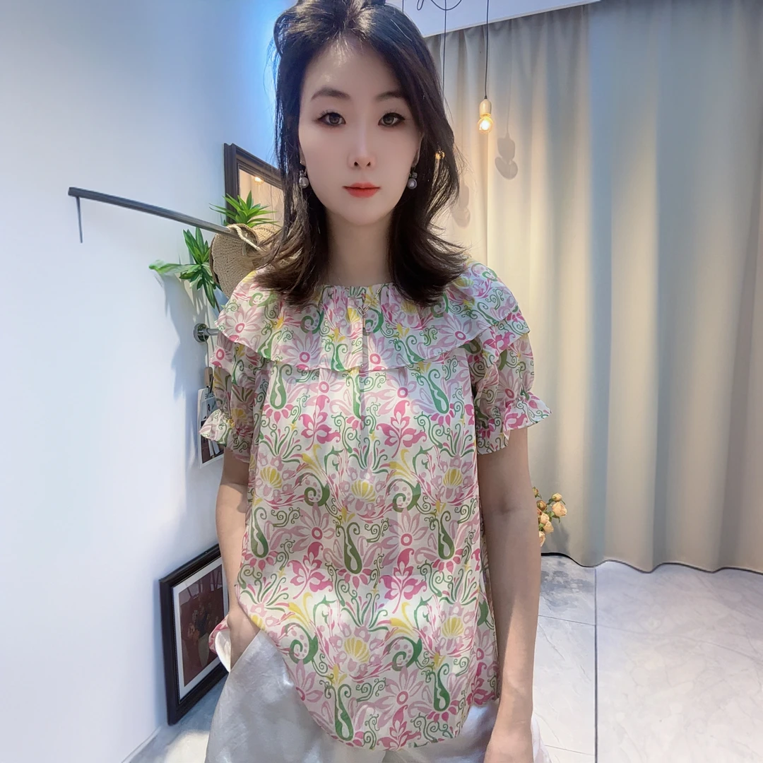 断码福利款100%桑蚕丝荷叶领半袖上衣