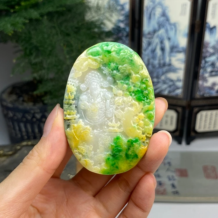 黄加绿辣色财神爷挂件 天然翡翠A货