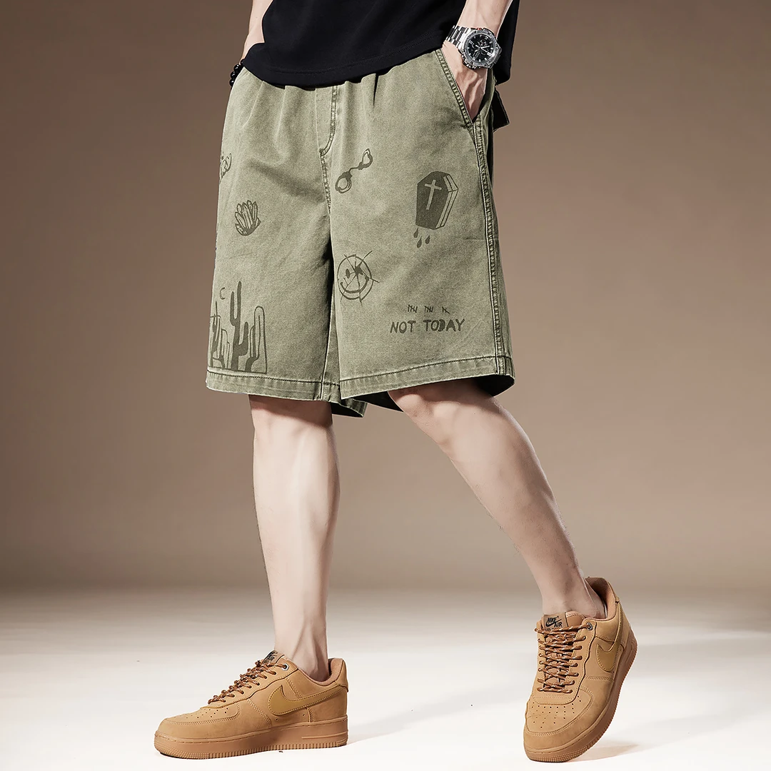 高端美式个性涂鸦男士短裤夏季复古水洗纯棉宽松休闲工装五分裤男