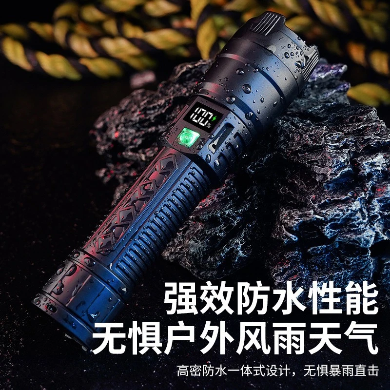 爆款数字电显手电筒强光多功能户外探照灯充电长续航伸缩变焦手电