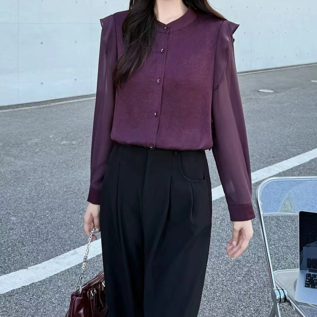 紫色优雅气质长袖衬衫秋季新款立领花边设计洋气减龄上衬衣
