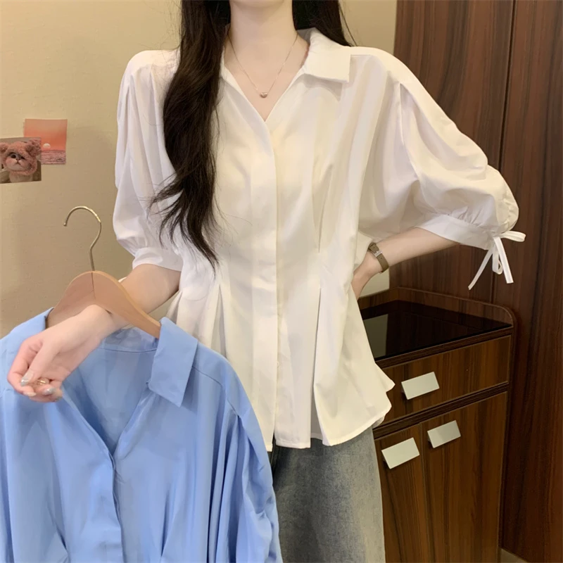 设计感泡泡袖上衣女装夏季新款2025收腰显瘦白色衬衣休闲百搭小衫