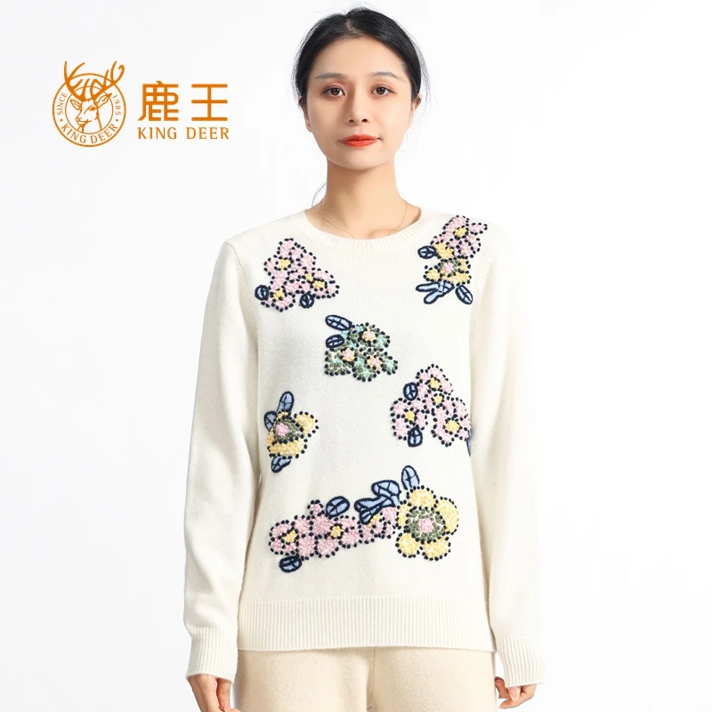 鹿王24秋冬新款女圆领100山羊绒重工刺绣休闲针织女套衫1M757加厚