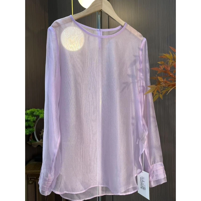 【仙紫】春季圆领时尚长袖泡泡皱薄款衬衫2025A0292-园园