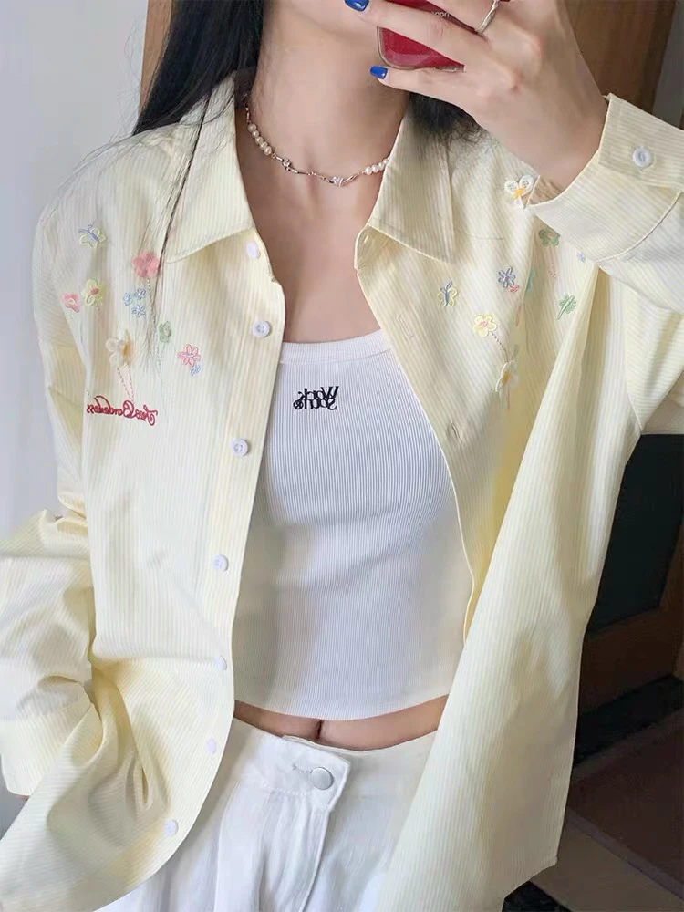 夏季女款宽松花朵刺绣条纹防晒衬衫外套百搭开衫