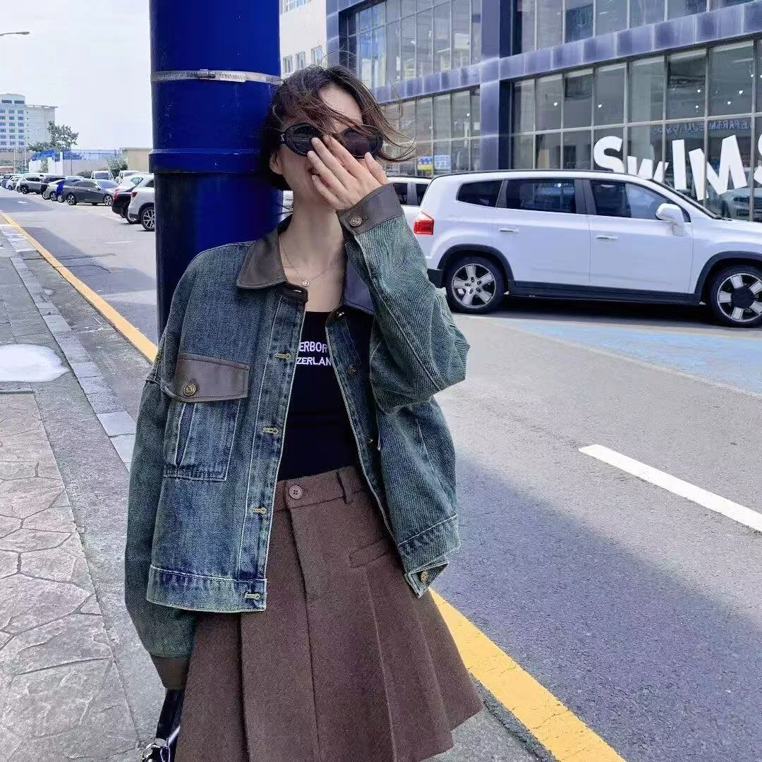 C013设计感pu皮拼接牛仔外套女春秋新款美式复古休闲百搭夹克上衣