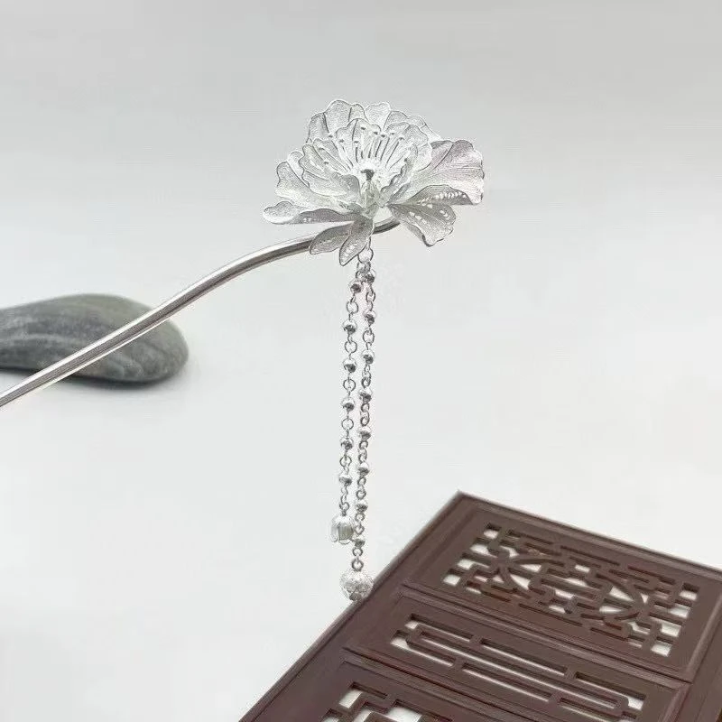足银银制品 足银990中国风手工花丝莲花流苏发簪
