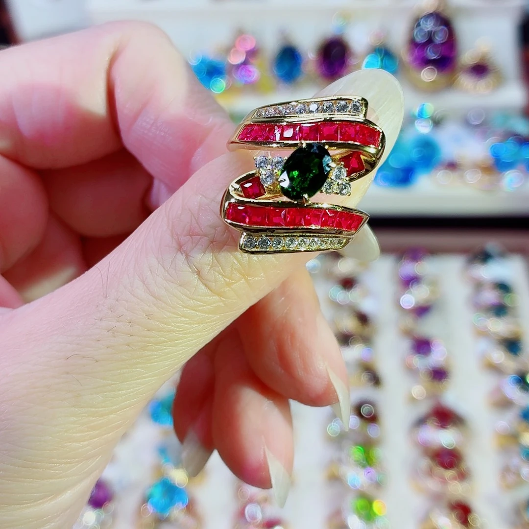 透辉石银S925镶嵌戒指