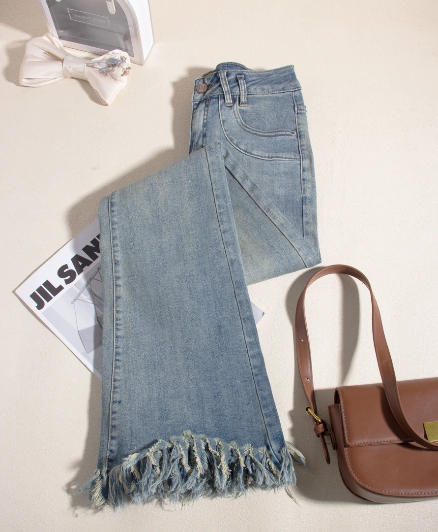 605-浅蓝色微喇牛仔小个子拖地超好看微喇裤