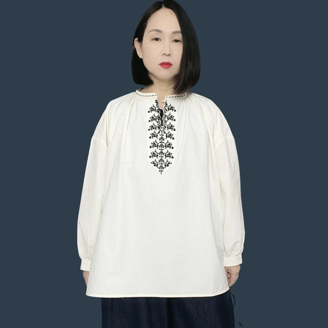 春夏秋三季可穿套头刺绣高密棉衬衫宽松显瘦减龄百搭娃娃衫