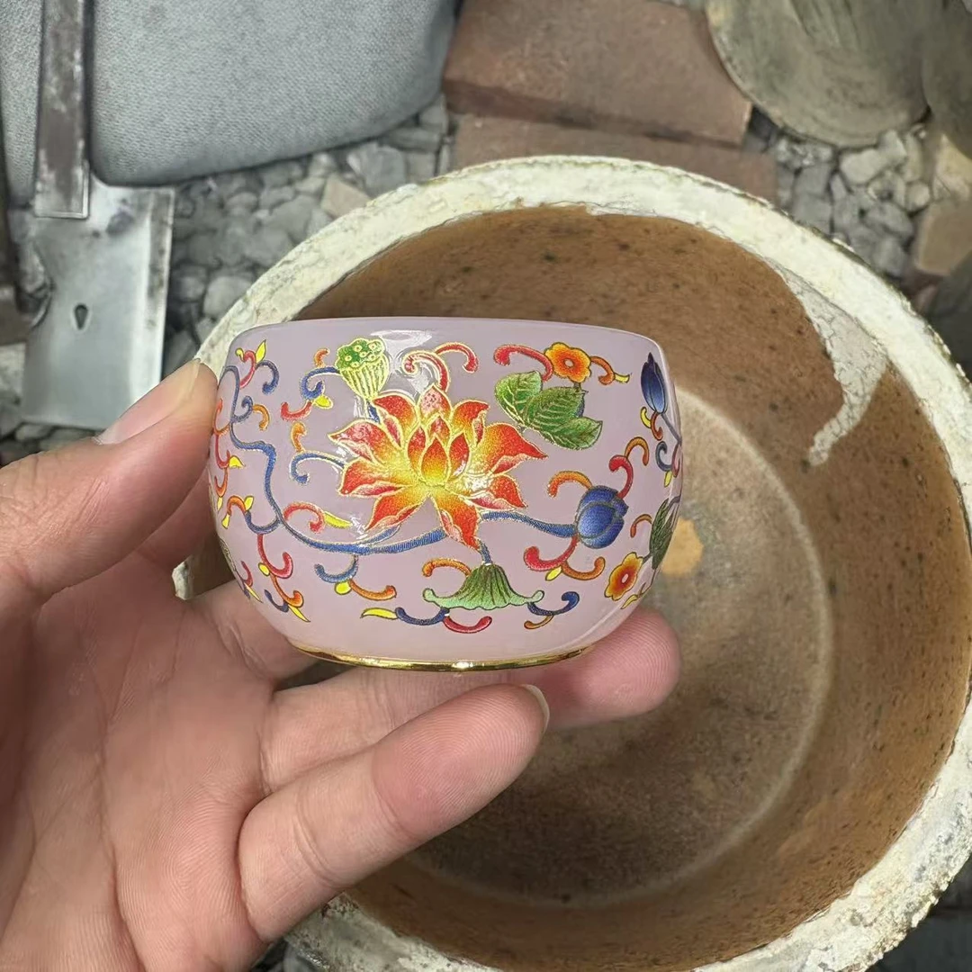 手工茶器 女神粉缠枝莲琉璃杯