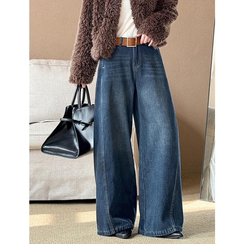 冬季新款韩系显瘦直筒牛仔裤加厚加绒保暖过冬阔腿长裤阔腿裤百搭