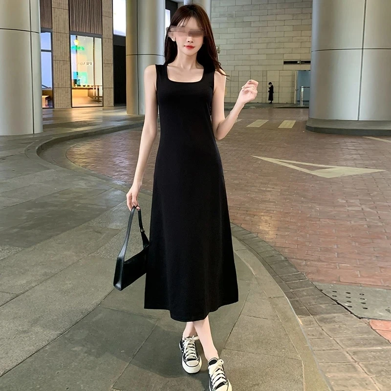 新新专属赫本风夏季韩系慵懒风百搭宽松休闲黑色背心裙遮肉连衣裙