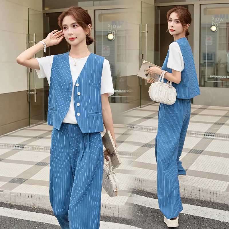 休闲时尚条纹马甲套装女2025夏季新款高级感时尚气质阔腿裤三件套