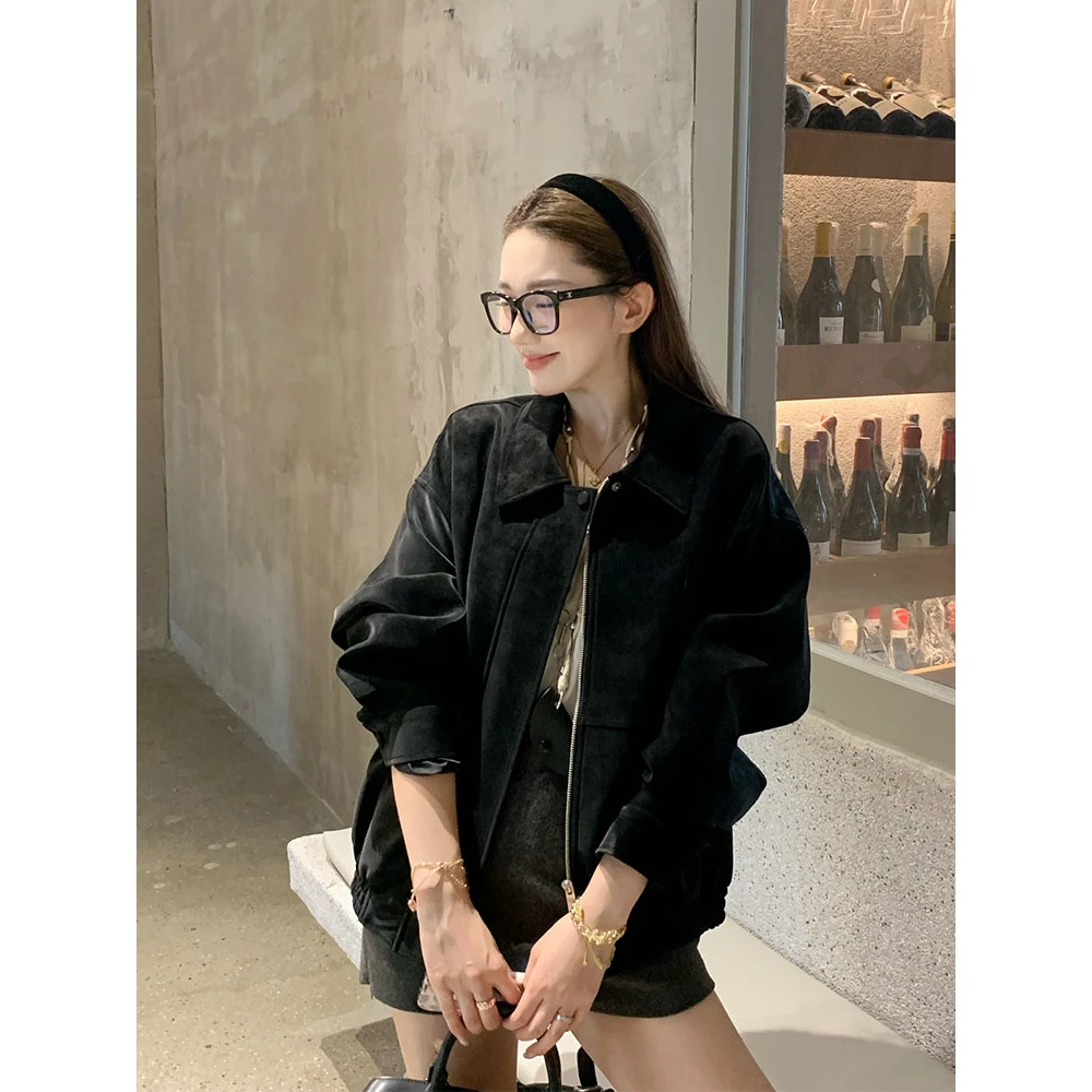 高级感美式复古麂皮绒棕色夹克外套女秋季宽松翻领长袖棒球服开衫