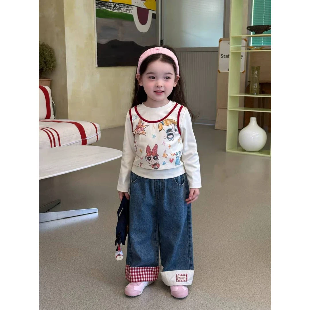 2025秋新款女童小童韩版卡通涂鸦假两件T恤格子直筒牛仔裤洋气
