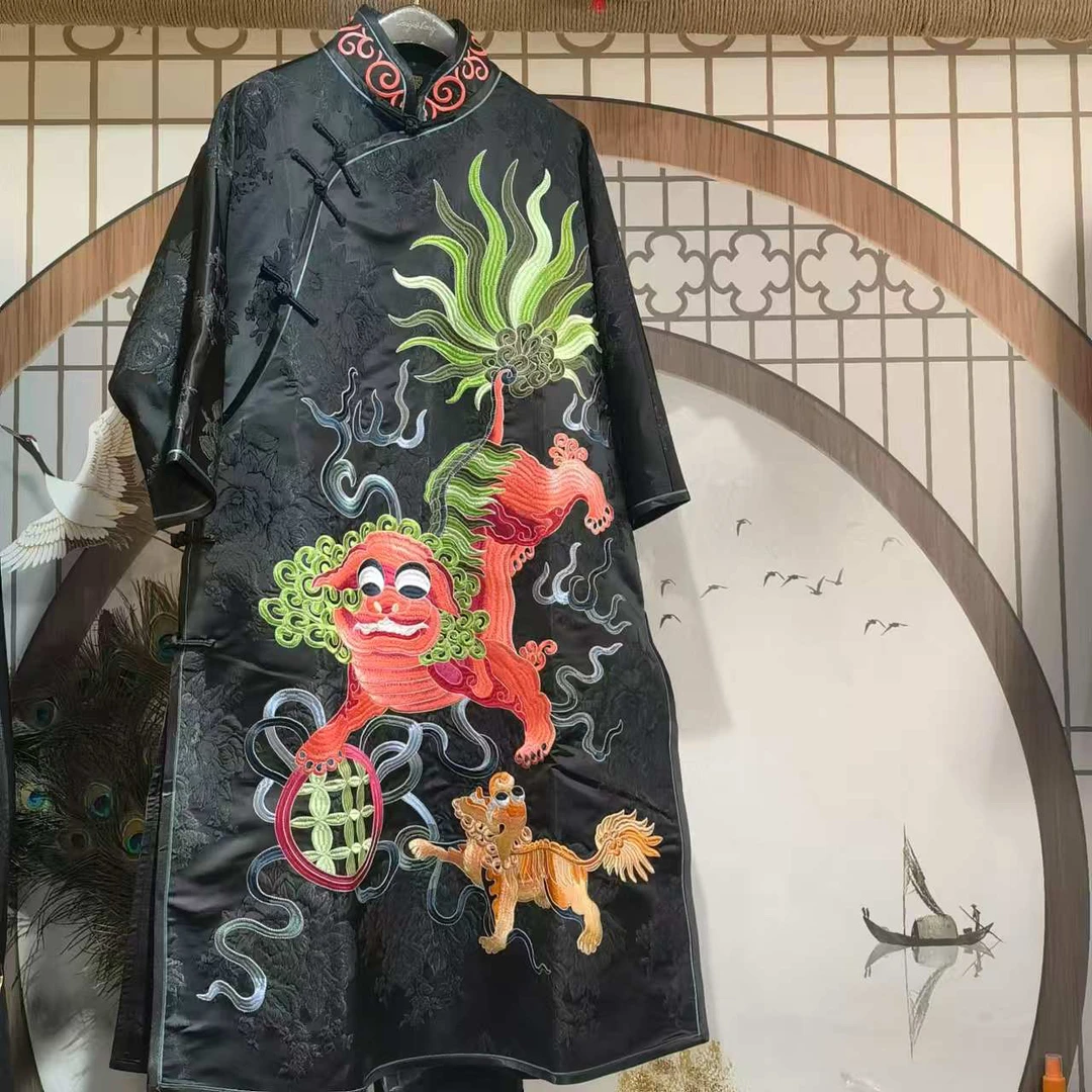 凤徕兮私人定制橘红狮子刺绣斜襟盘扣小立领上衣 LS389