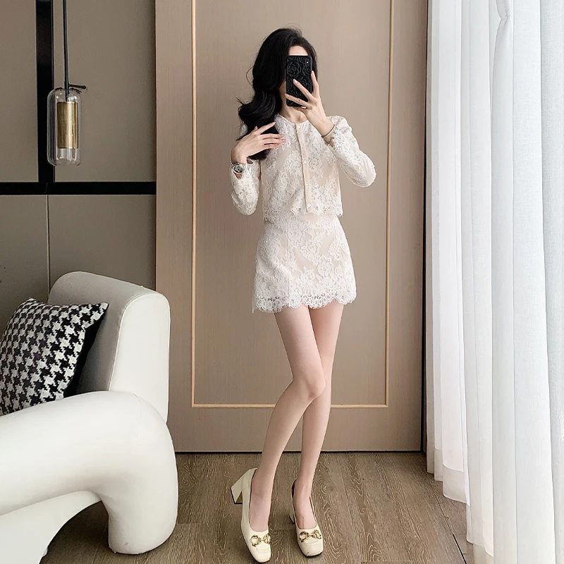 高级感名媛miu系小香风套装秋季重工蕾丝短外套开衫半身裙两件套