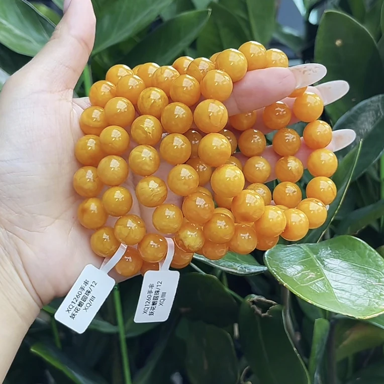 【德昌隆珠宝】1260/12mm天然琥珀鸡油红妖花蜡手串（多样性发其一)