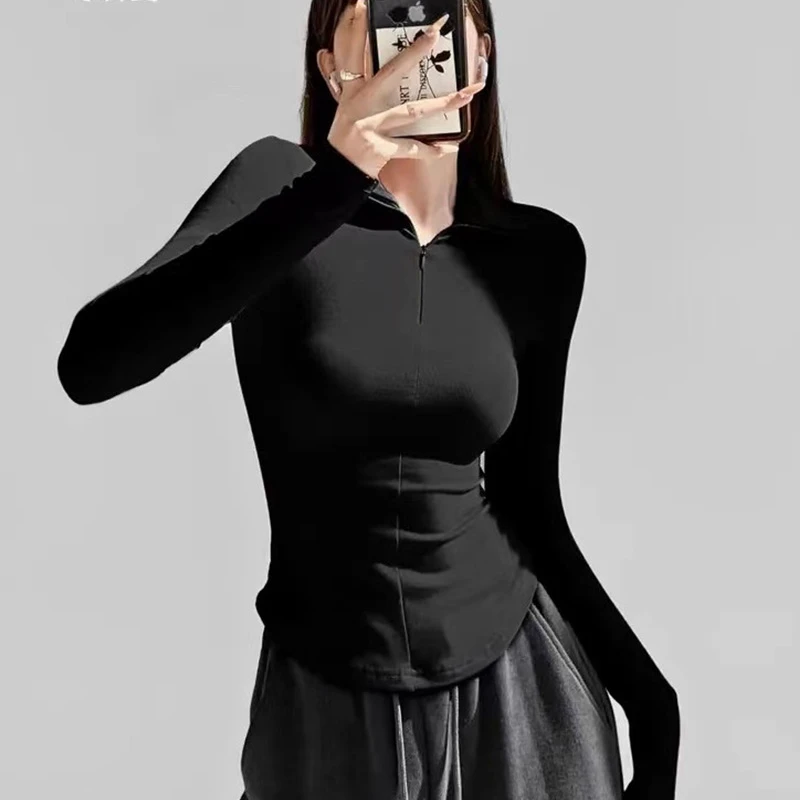 欧美风百搭弹力紧身翻领T恤女修身内搭显瘦性感收腰短款运动上衣