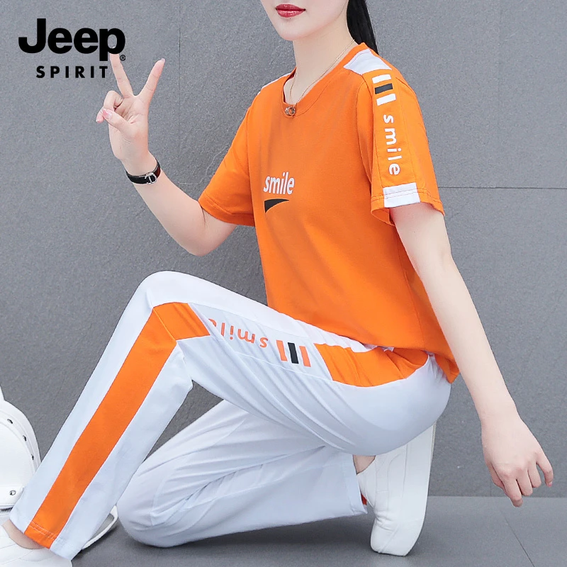 JEEP大码女款运动套装女夏季2025年新款宽松显瘦遮肚短袖套装