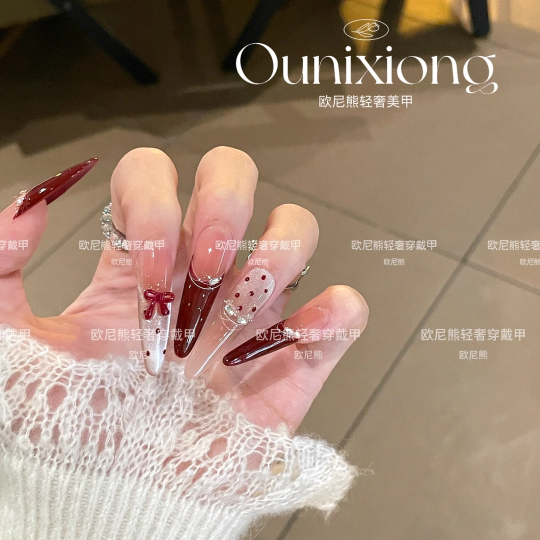 法式蝴蝶结波点酒红显白手工穿戴甲高级气质美甲甲片