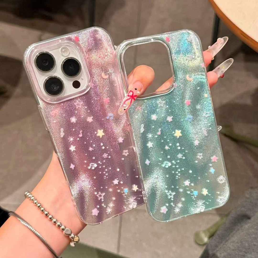 ins韩系清新极光满屏星星适用苹果15pro手机壳银褶皱16防摔保护壳