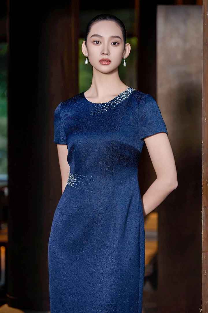 朱紫褕170227圆领蓝色旗袍六礼慕天姿喜婆婆喜妈妈婚宴礼服旗袍