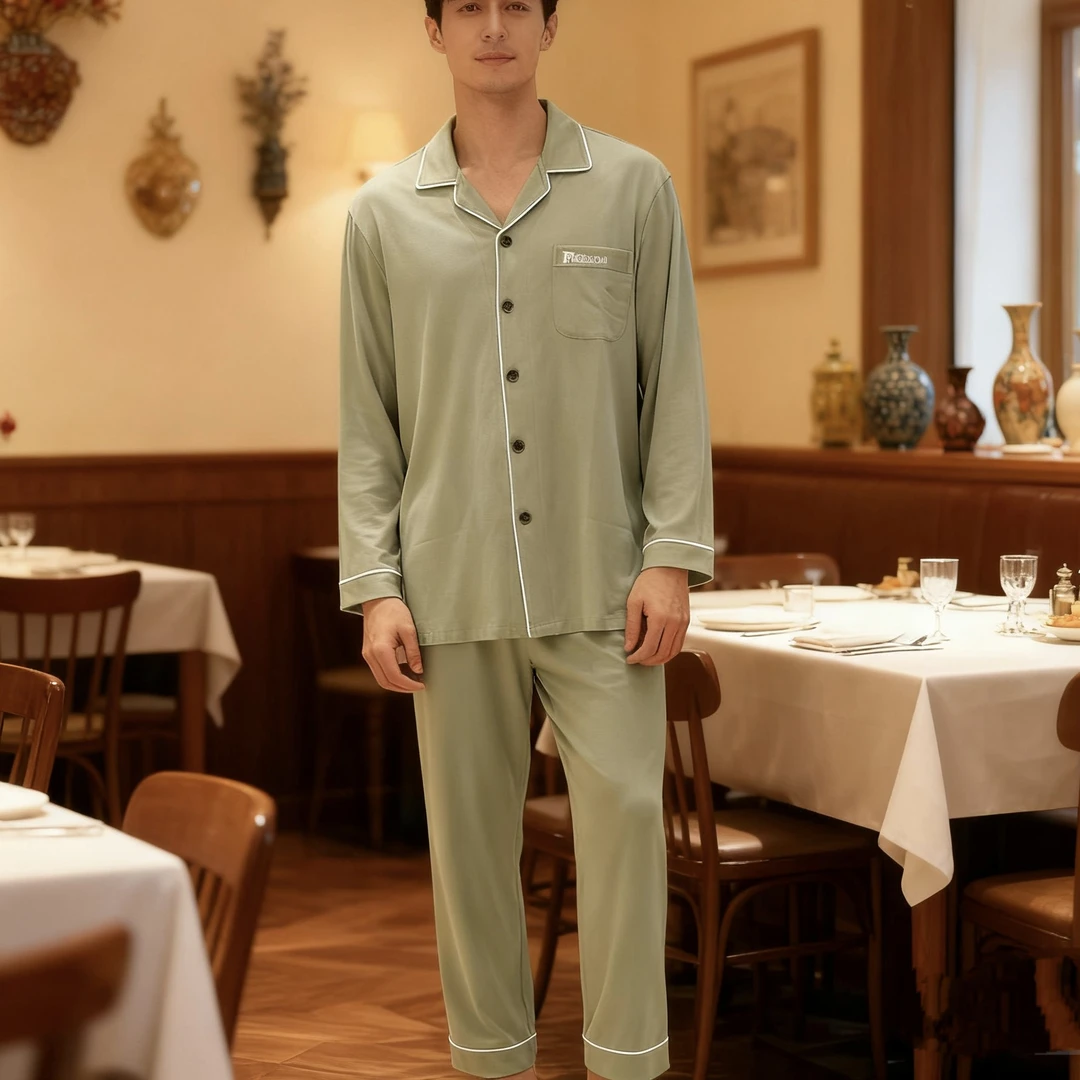 佐雅男士秋冬开扣纯色格睡衣家居服