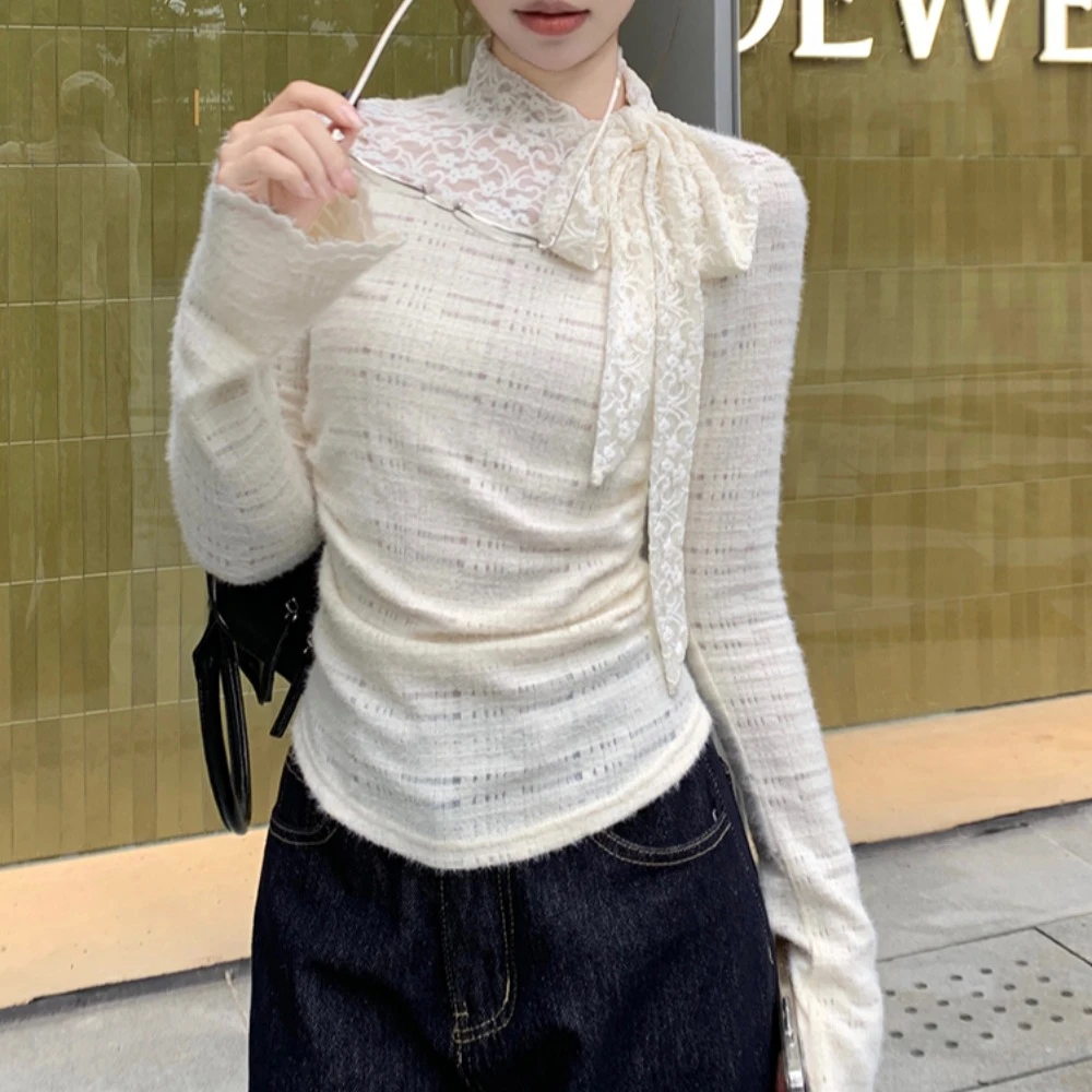 2025杏色法式蝴蝶结内搭打底衫女秋冬高级感蕾丝修身t恤长袖上衣