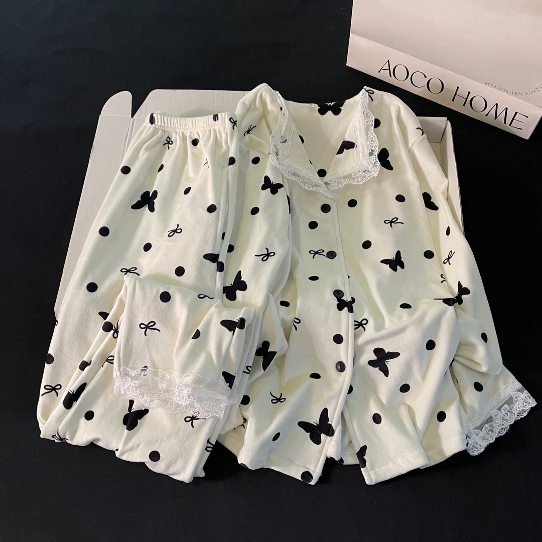 睡衣女秋冬季超柔软海岛绒2025新款大码开衫蝴蝶套装可外穿家居服