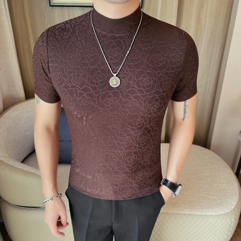 DeweLvum夏季修身提花短袖T恤男潮暗纹弹力时尚百搭半袖上衣男装