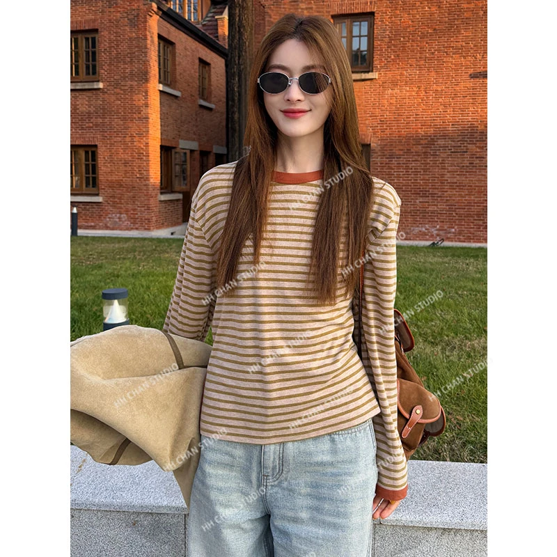 HH.CHAN “橙子汽水” 特调灰橘百搭显白条纹长袖T HH53D41404-赖赖