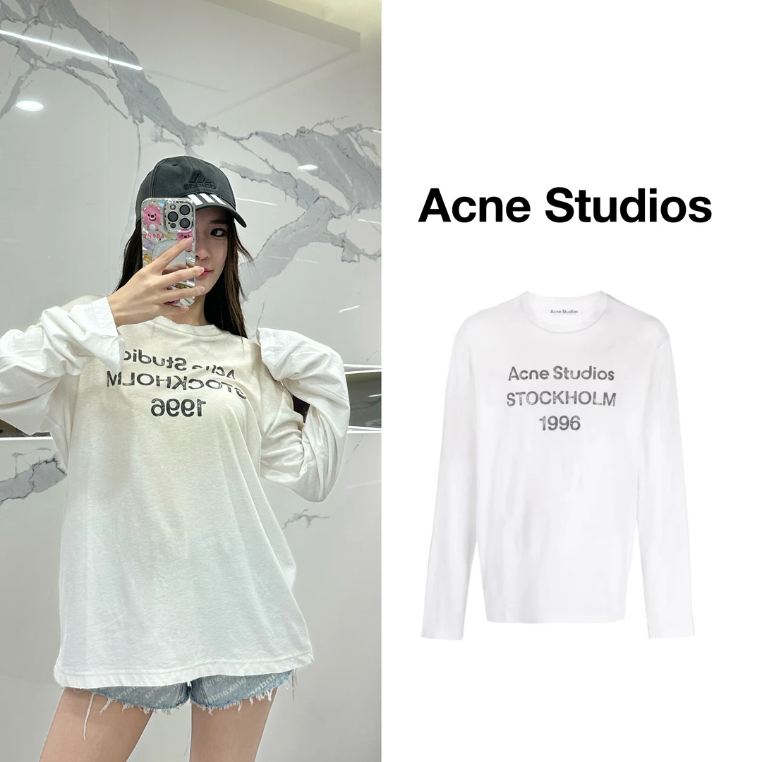 Acne  1996徽标圆领做旧宽松复古喷涂长袖T恤 男女同款