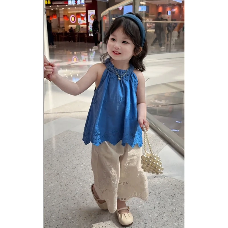 韩版女童夏装2025夏季新款洋气蓝色挂脖背心套装儿童海边度假衣服