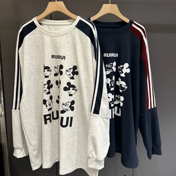 （老三）韩版百搭时尚休闲宽松型中性圆领T恤印花长袖拼接米奇上衣