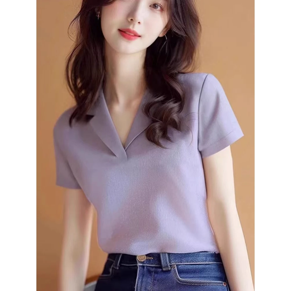 拉夏贝尔法式设计感小众短款上衣女2025夏季新款紫色正肩短袖恤衫