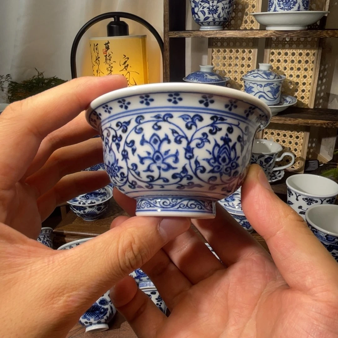纯手工手绘缠枝莲压手杯 微瑕福利