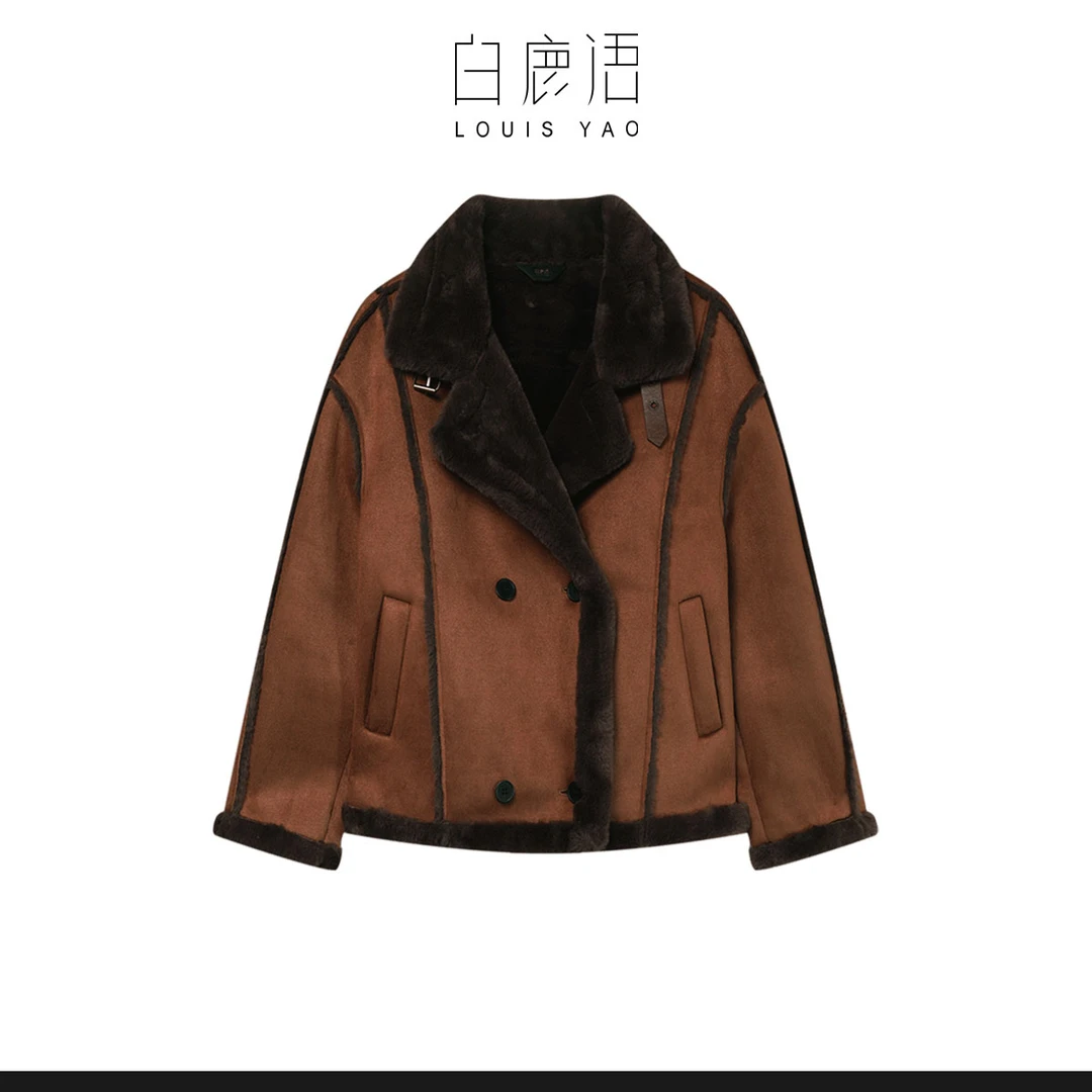 白鹿语冬款时尚仿毛绒感仿麂皮大翻领厚大衣外套女BX10096