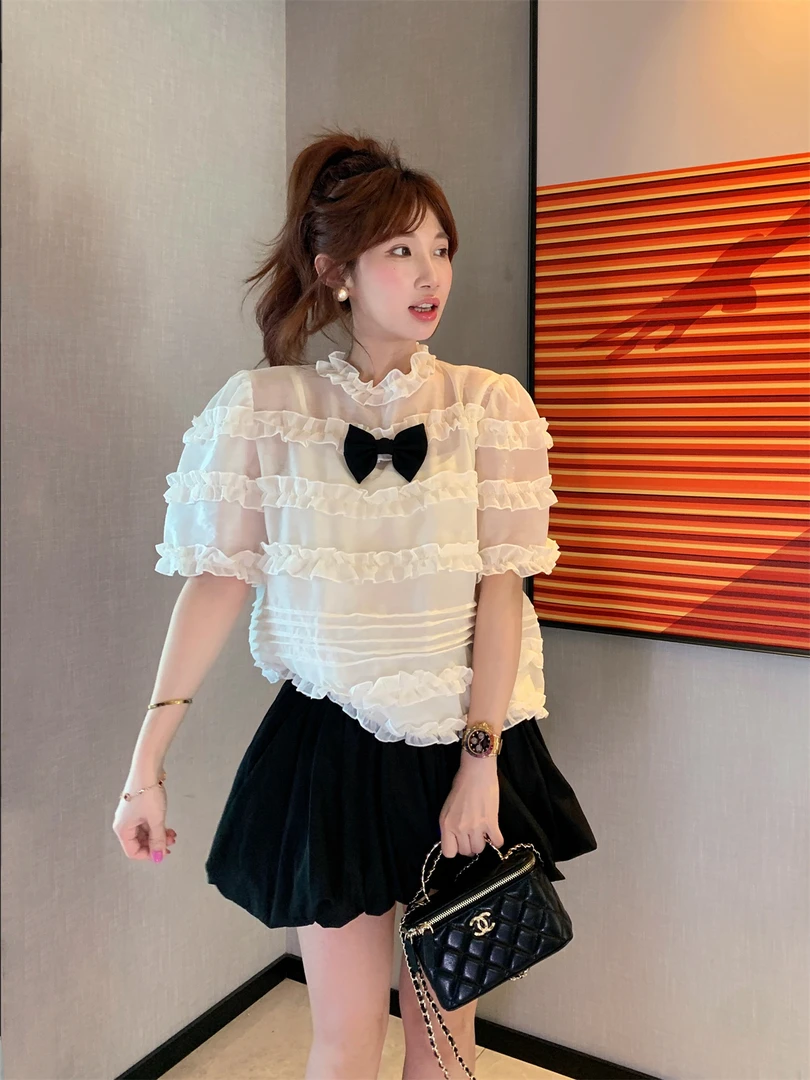 JENNIFER JXLIU千金风甜美蝴蝶结木耳花边吊带奶油杏泡泡短袖衬衫