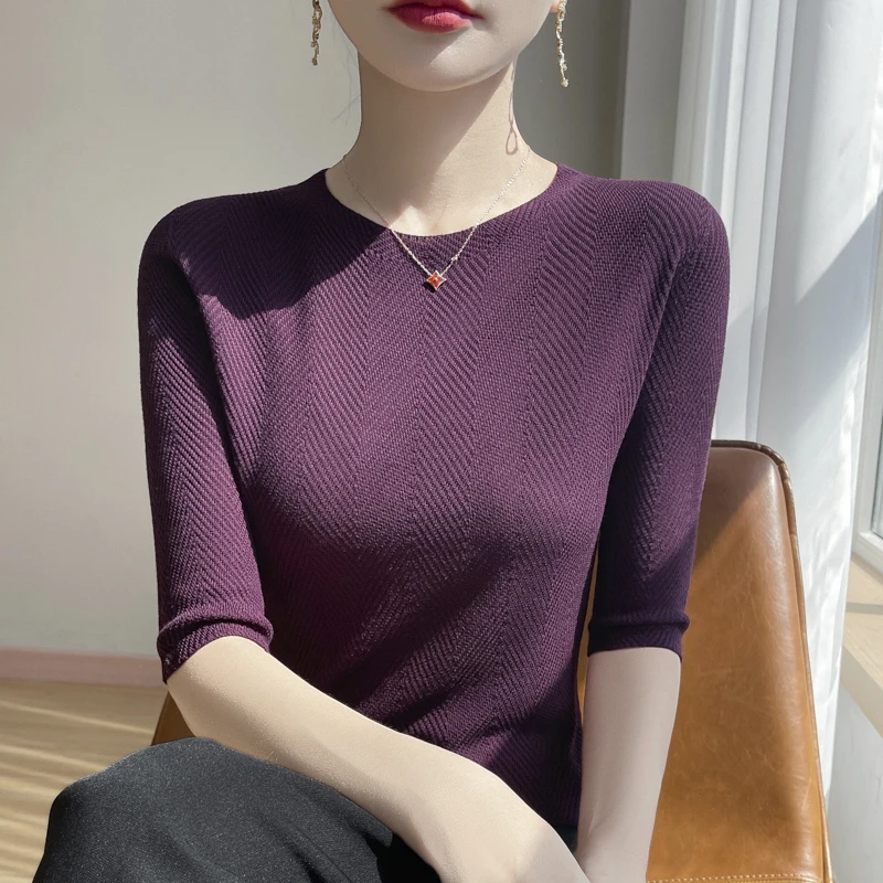 轻柔细腻~桑蚕丝高质感薄款针织中袖莱赛尔天丝纯色百搭显瘦短袖