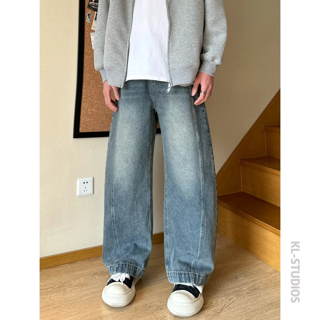 可乐自制美式复古做旧弯刀裤男小众设计感阔腿宽松牛仔裤情侣裤子